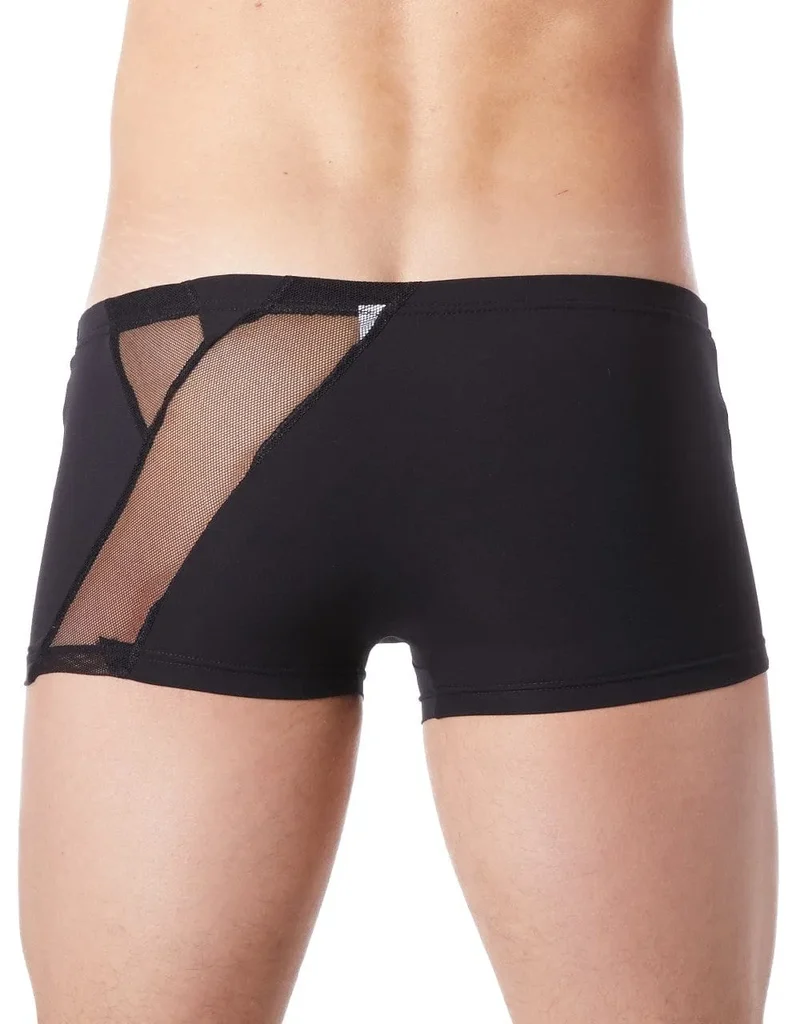 Boxer Court Homme Noir Satiné Confort Bandes Fines Résille Devant Derrière Transparente Fermeture Éclair Décorative Extensible Doux Polyamide Élasthanne