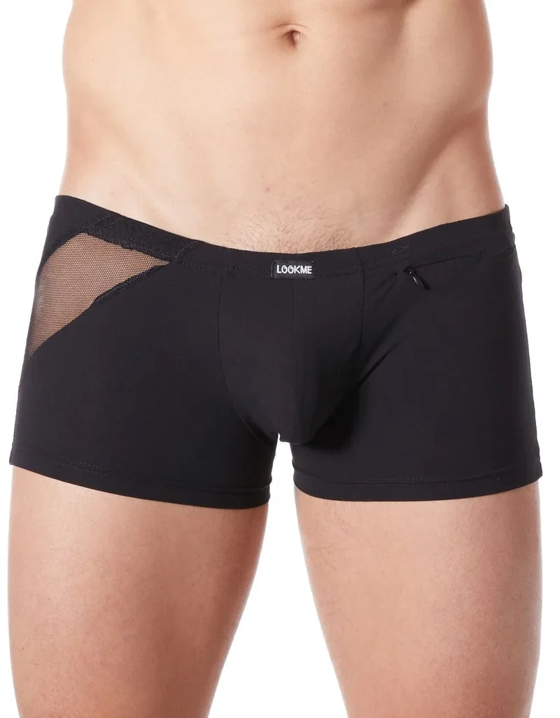 Boxer Court Homme Noir Satiné Confort Bandes Fines Résille Devant Derrière Transparente Fermeture Éclair Décorative Extensible Doux Polyamide Élasthanne