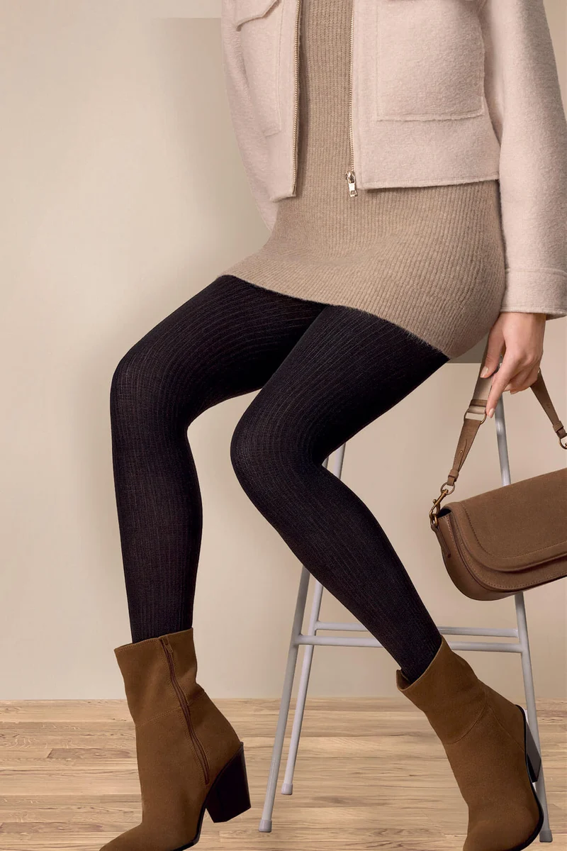 Collant opaque 180D Chaud Rayures Côtelées Allure d'Hiver - Anthracite chiné