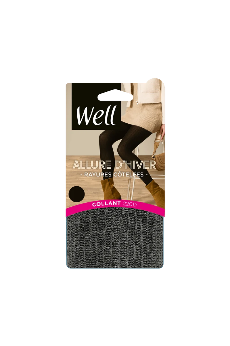 Collant opaque 180D Chaud Rayures Côtelées Allure d'Hiver - Anthracite chiné