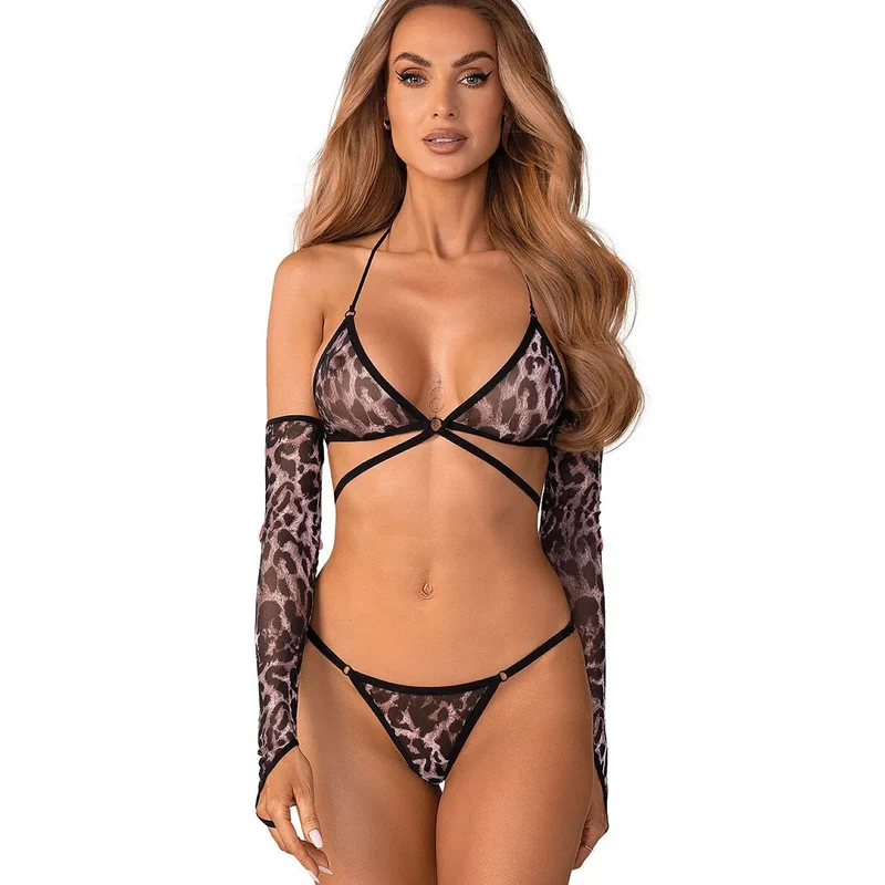 ensemble lingerie audacieuse léopard femme gants semi-transparents Addia