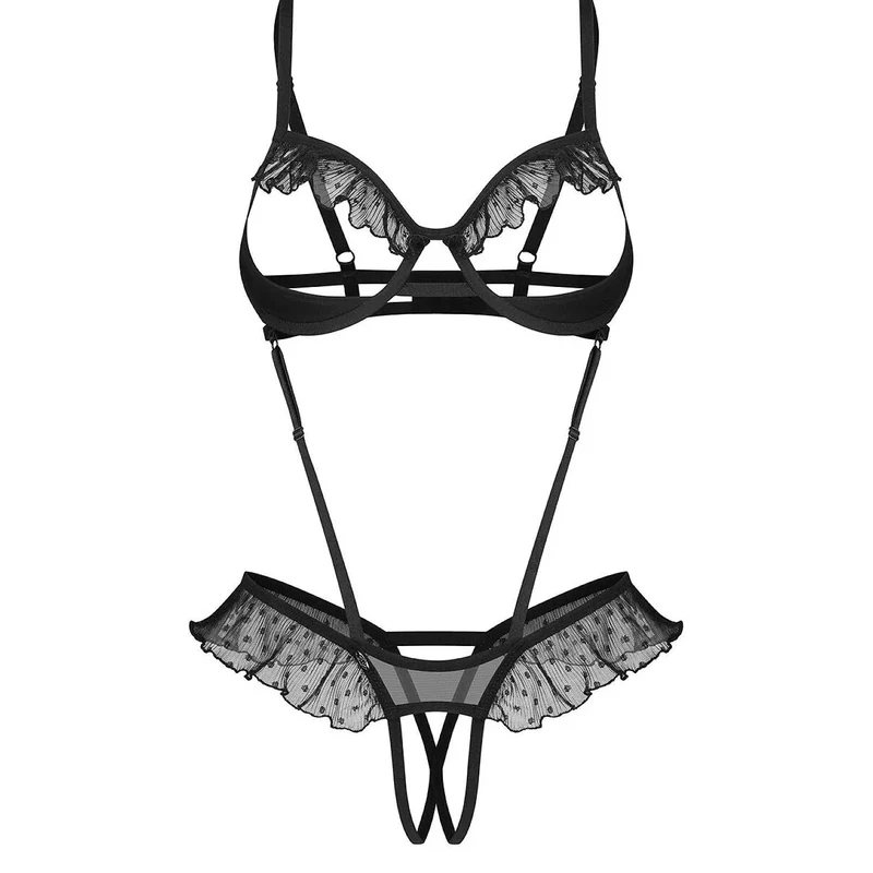 Body ouvert sensuel maille transparente pois volants maintien occasions spéciales