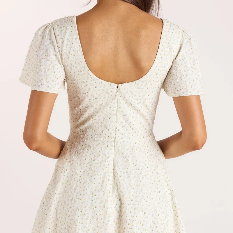 Robe Mini à Manches Courtes - Crème Florale
