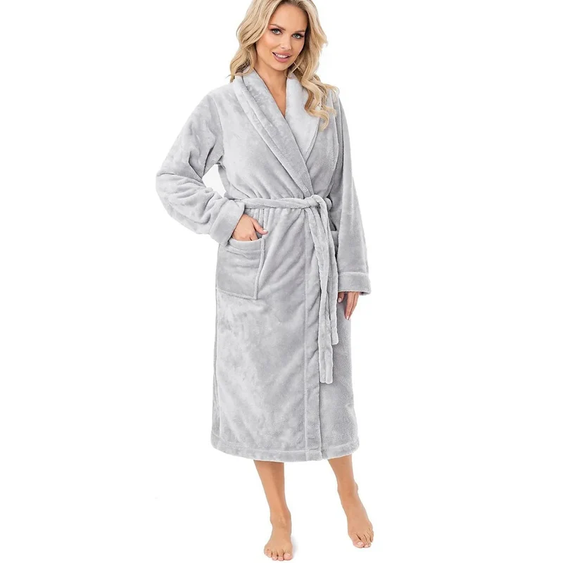 Peignoir long femme chaud élégant hiver avec poches col châle ajustable