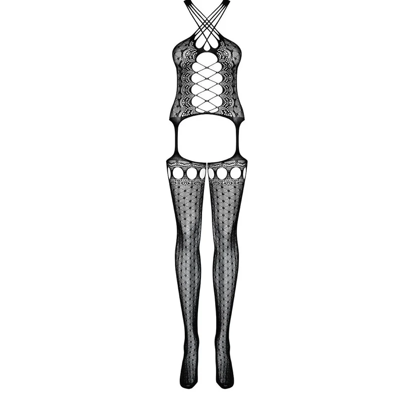 Bodystocking sexy ajouré élastique avec bas porte-jarretelles Obsessive
