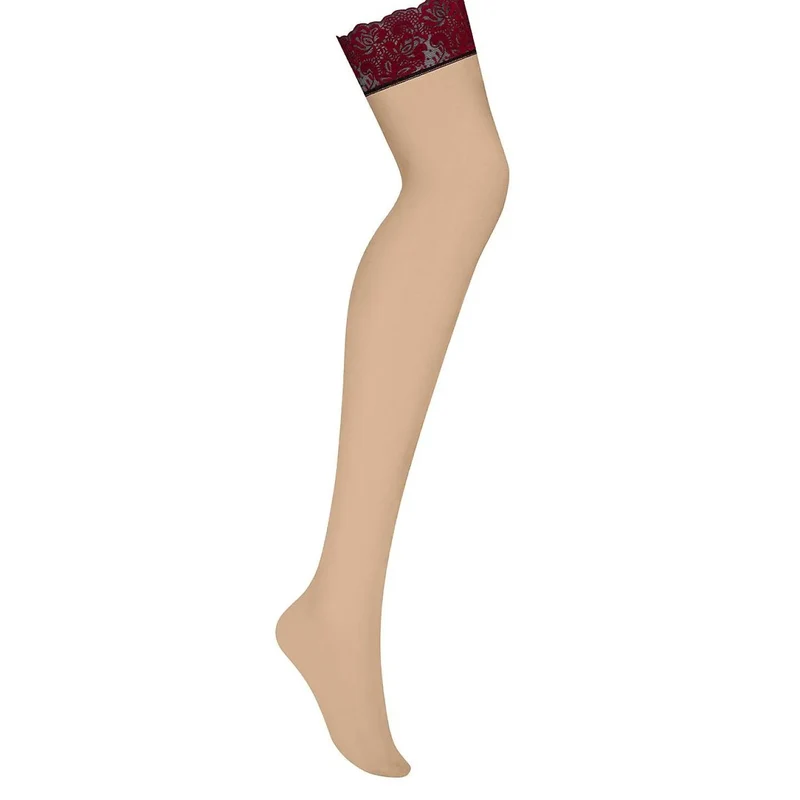 Bas Sugestina dentelle bordeaux chair porte-jarretelles élastique élégant féminin