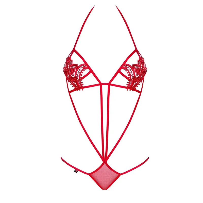 body rouge femme sensuel élastique applications florales ajustable Obsessive