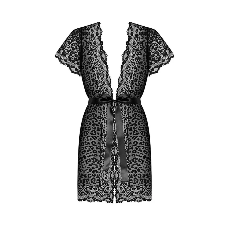 Peignoir noir longueur moyenne léopard ceinture satinée dentelle Obsessive
