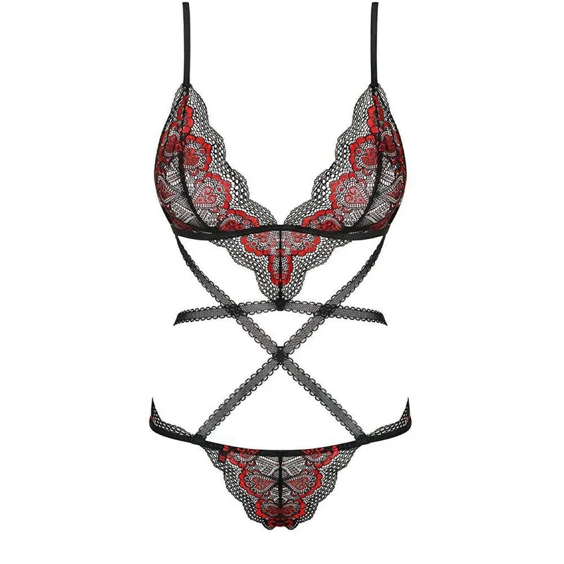 Body noir rouge sexy lanières élastiques broderie Obsessive Megies Teddy