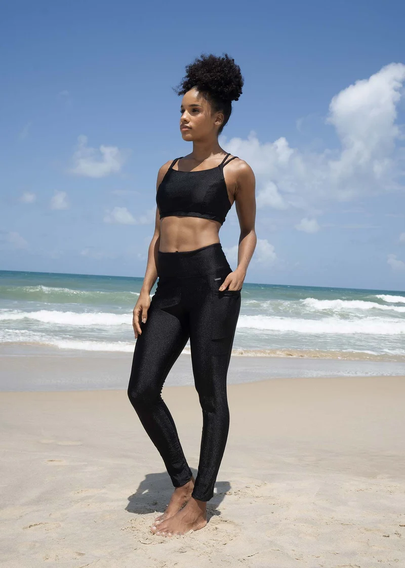 Calça Legging Mulher Bolsos Brilho