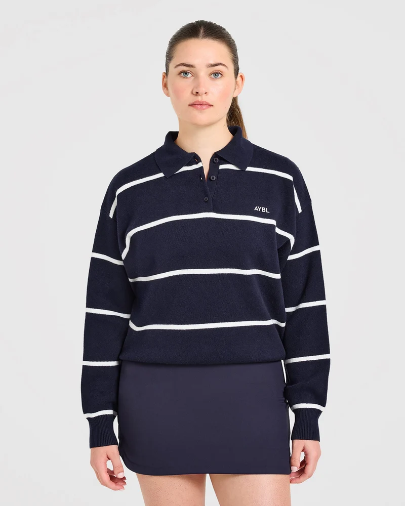 Signature Relaxed Knitted Polo - Navy/Blanc