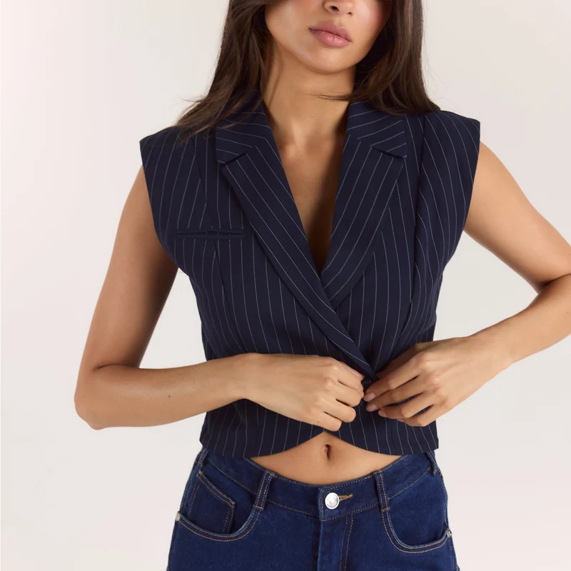 Gilet Croisé - Rayures Bleu Marine