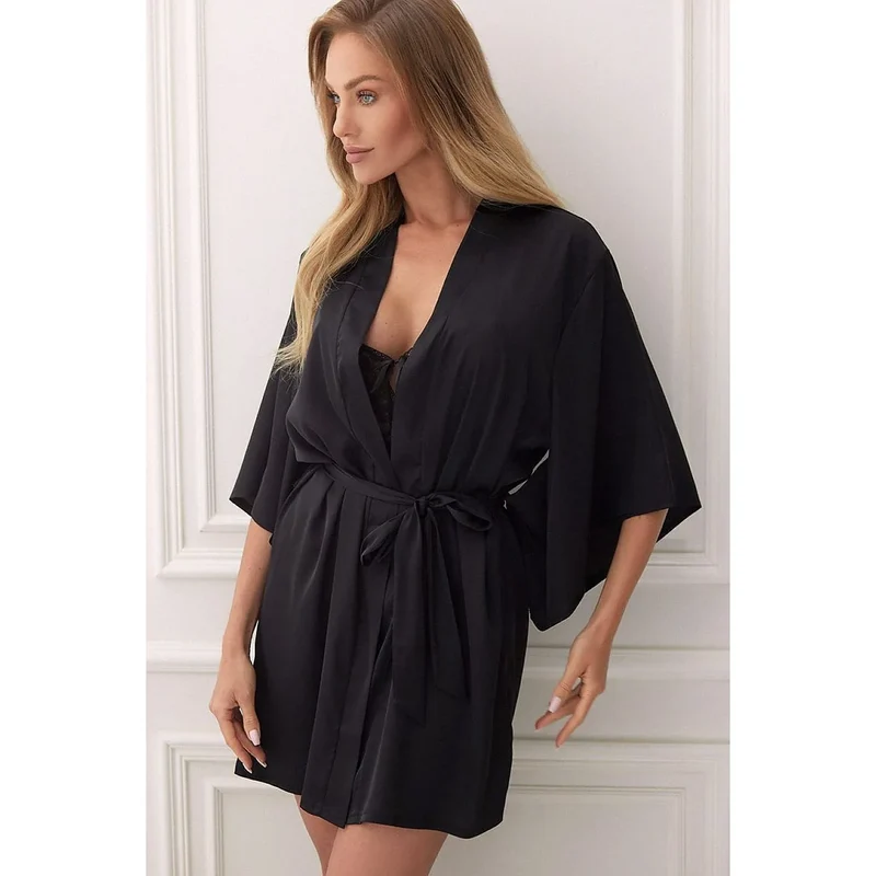 Ensemble nuisette peignoir noir satiné dentelle Melié érotique femmes séduisantes