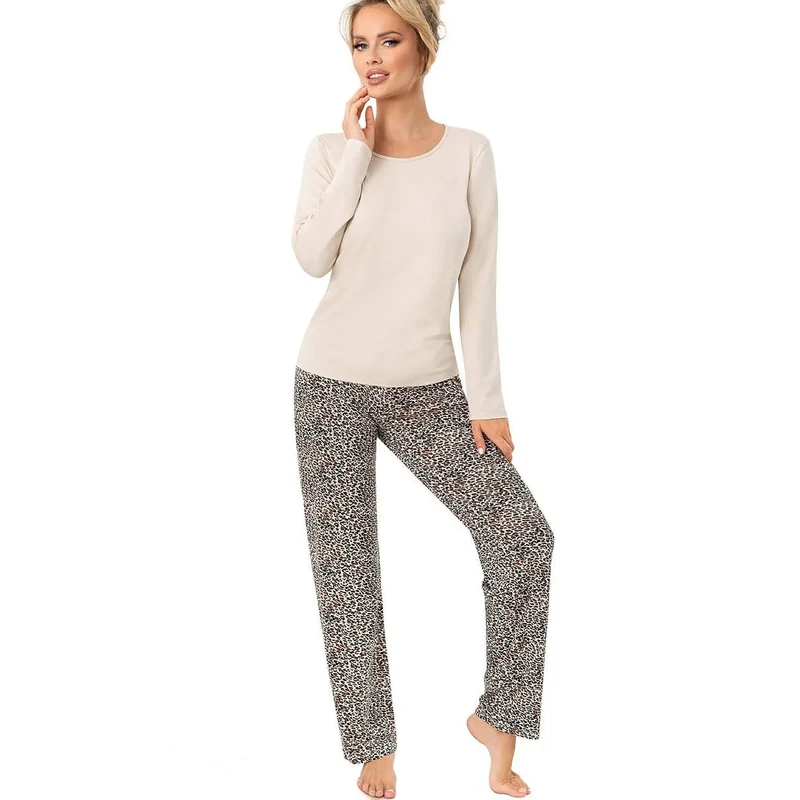 Pyjama femme élégant viscose beige léopard confort moderne Omari Long