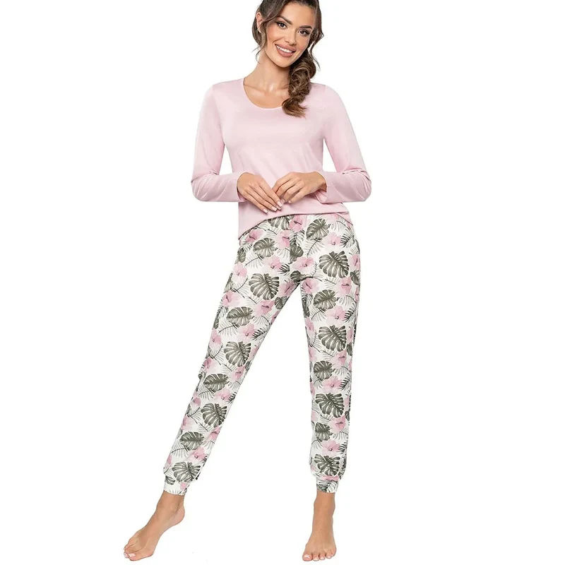 Pyjama femme élégance confort viscose rose poudré longue manches motifs poignets