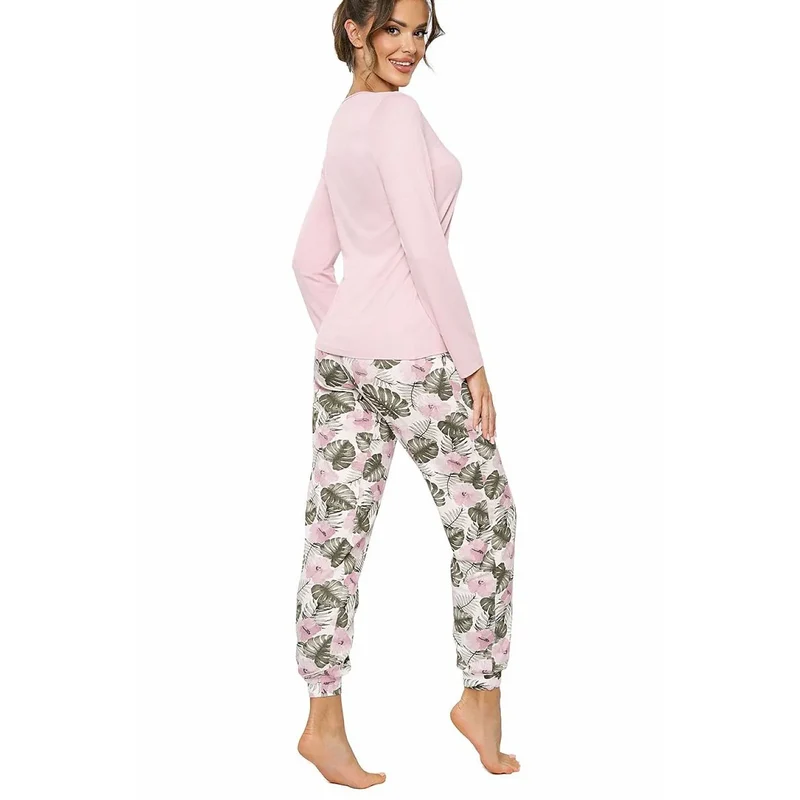Pyjama femme élégance confort viscose rose poudré longue manches motifs poignets