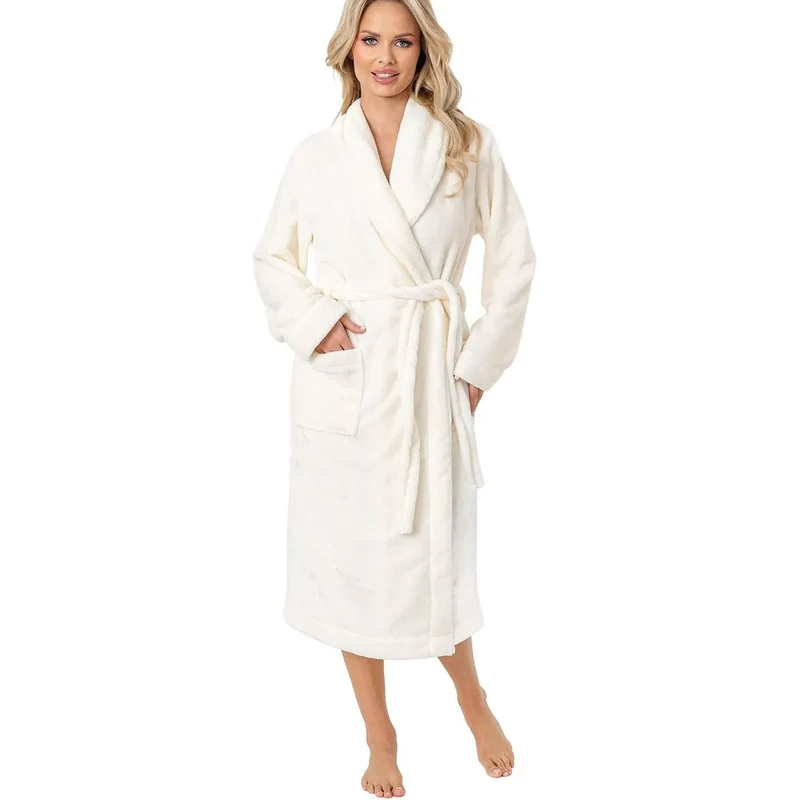 Peignoir long femme chaud doux élégant col châle poches ceinture taille