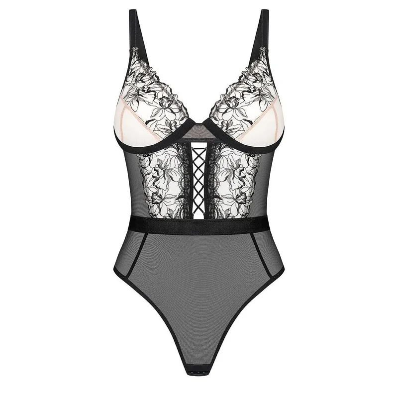 Body femme Vila Blanes maille transparente broderie florale élégante sensuelle