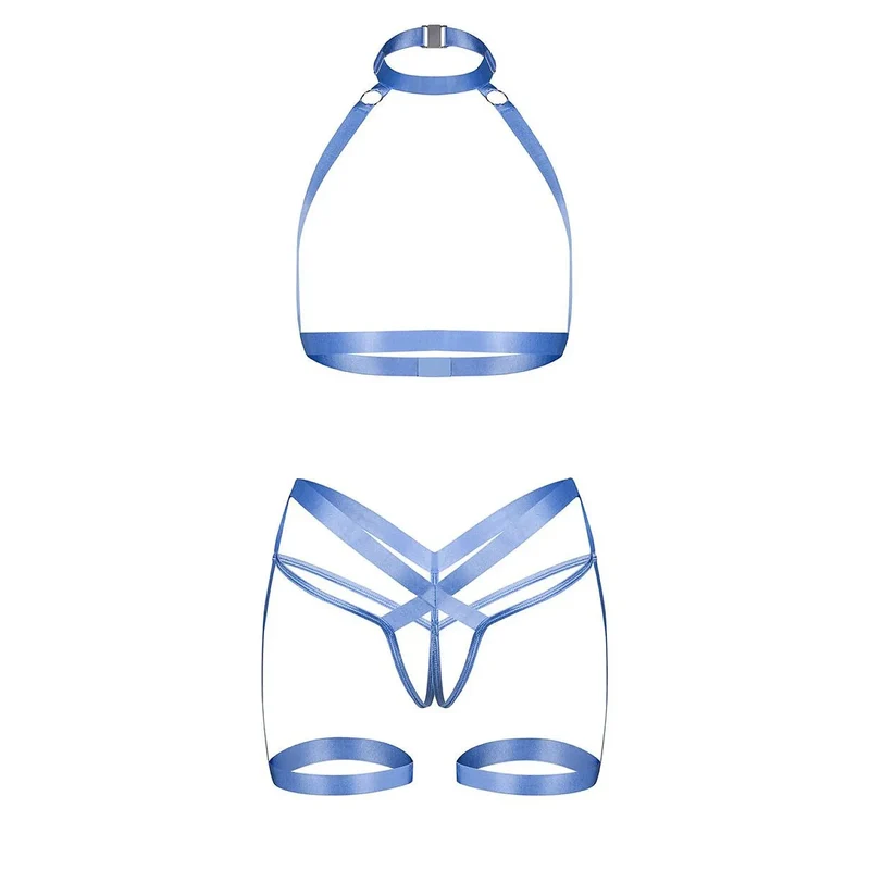 Ensemble lingerie audacieuse moderne accents argentés harnais ouvert Obsessive