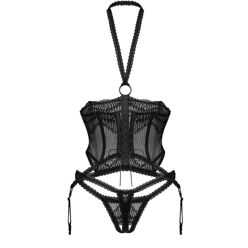Ensemble lingerie noir élégant sexy corset ouvert dentelle femmes Obsessive