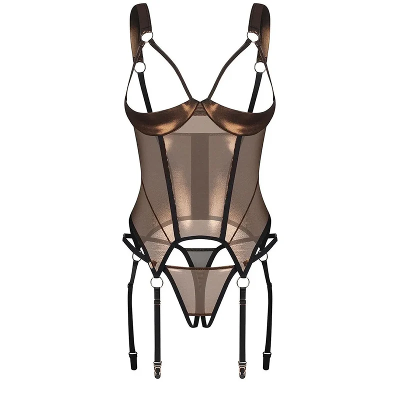 ensemble lingerie femme élégante corset string ouvert doré design moderne