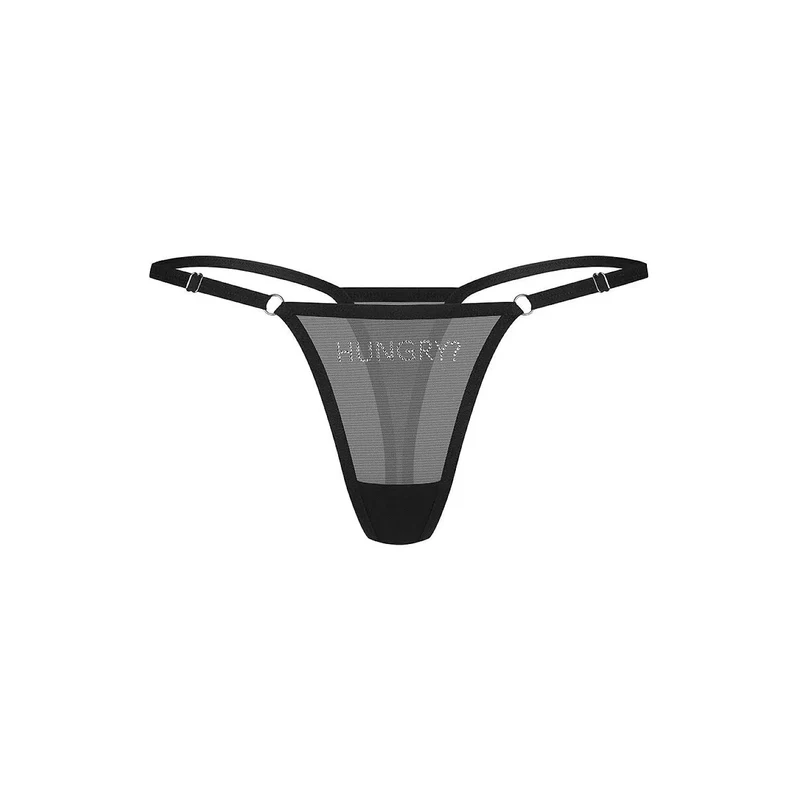Strings lingerie moderne zircone logo brillant maille transparente ajustable Violami Hungry