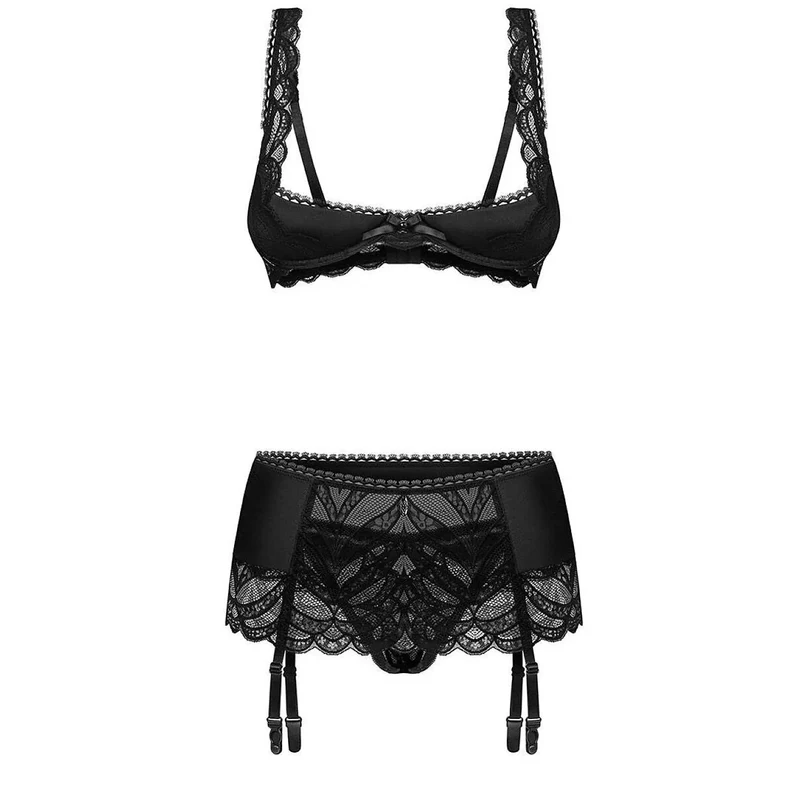 Ensemble lingerie trois pièces dentelle sensuelle avec soutiens-gorge ouvert