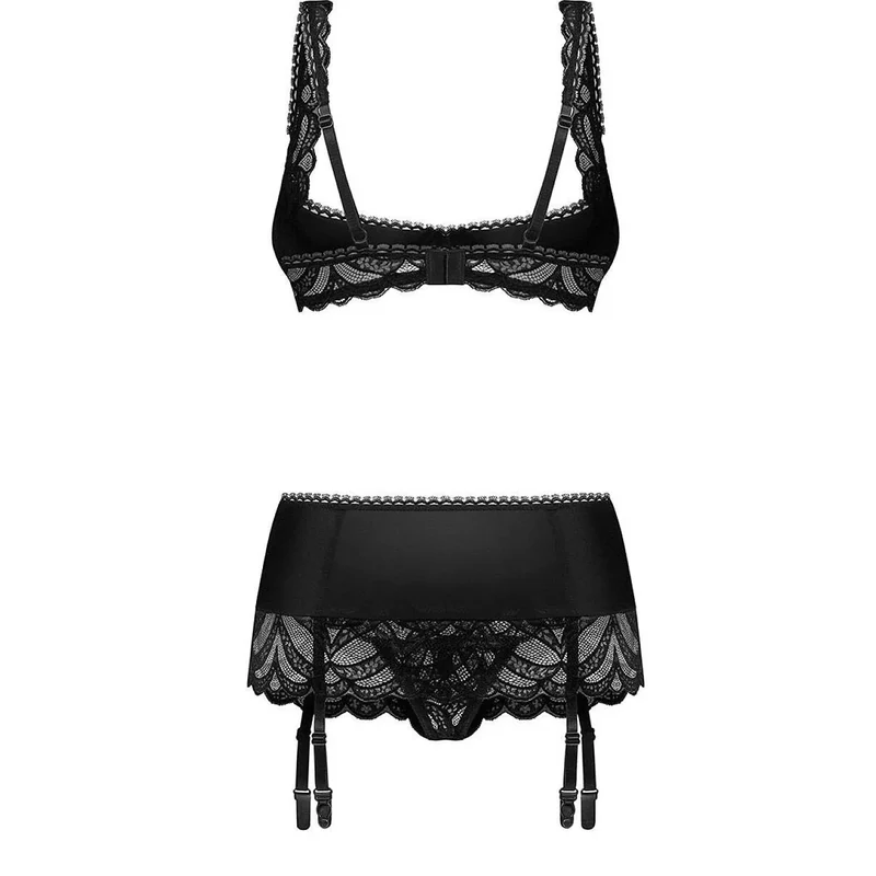 Ensemble lingerie trois pièces dentelle sensuelle avec soutiens-gorge ouvert