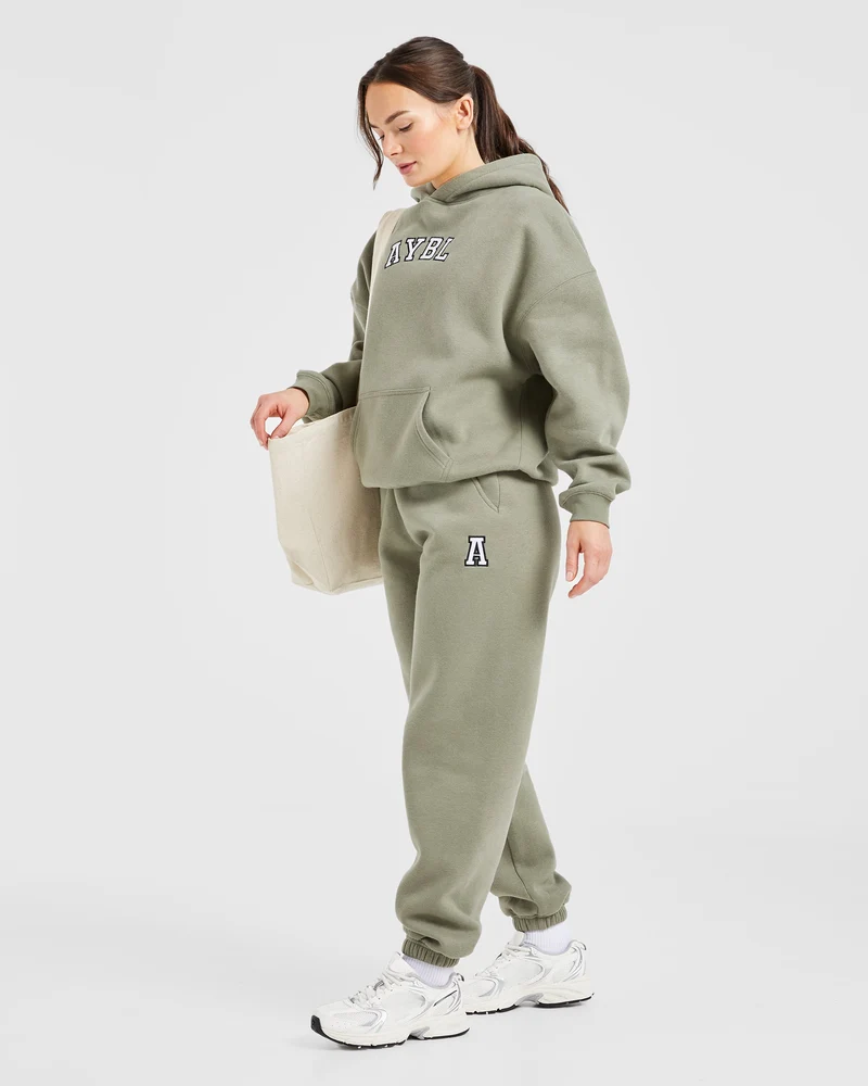 Varsity Embroidered Oversized Hoodie - Muted Olive