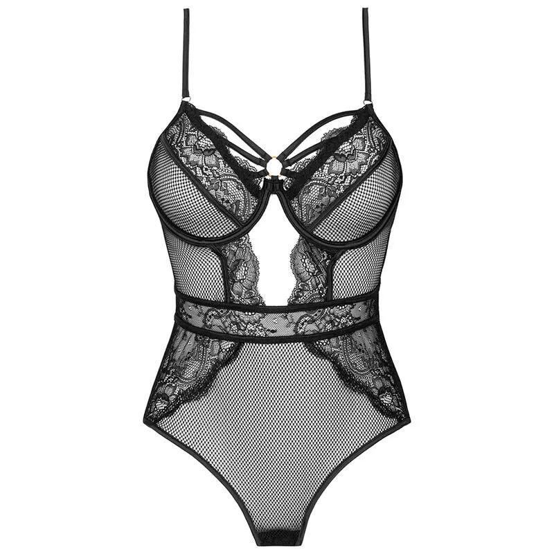 justaucorps dentelle noire sexy maille transparente armatures confortables maintien optimal fines bretelles attache dorsale réglable tailles silhouette sublimée