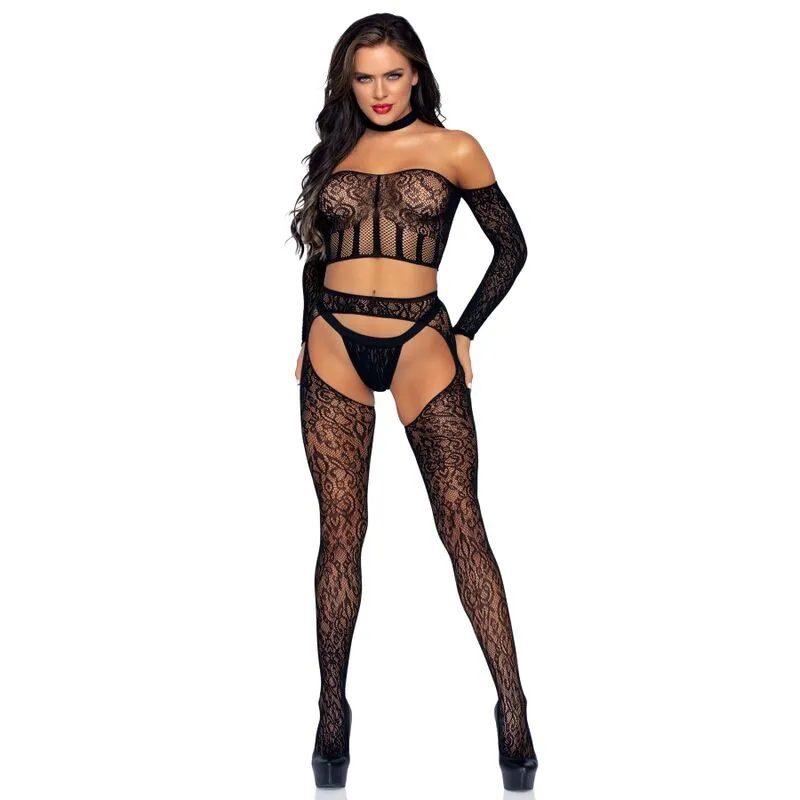 ensemble lingerie dentelle manches longues dos nu pièces haut court porte jarretelles string élégant séducteur féminin taille unique nylon élasthanne