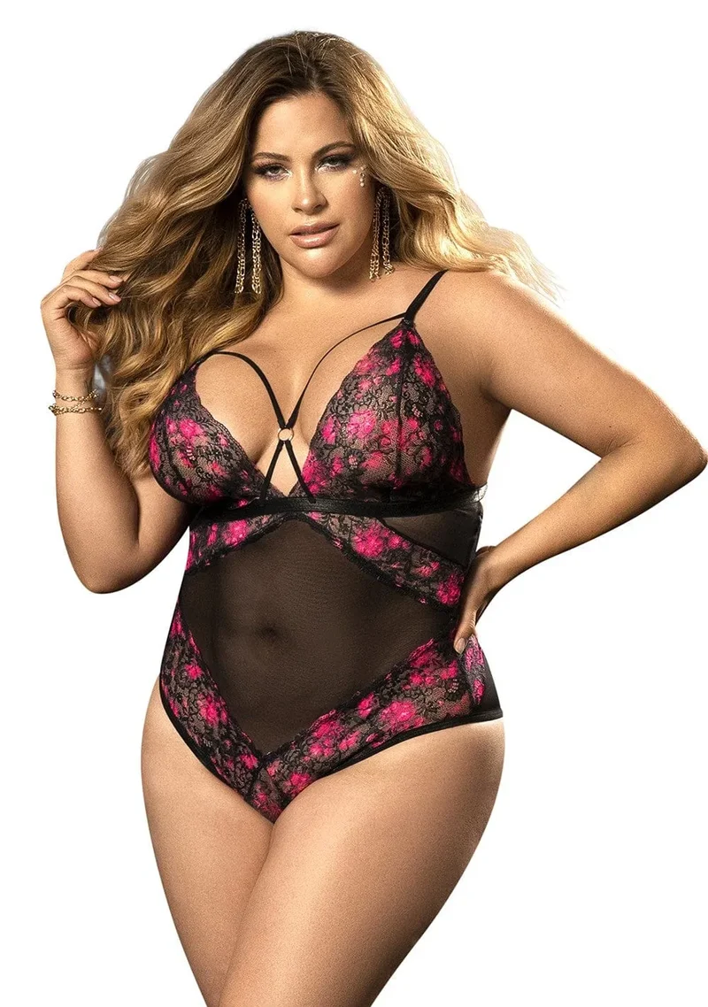 justaucorps grande taille résille motifs floraux soyeux bretelles réglables anneau frontal lanières croisées entrejambe réglable fermeture crochet