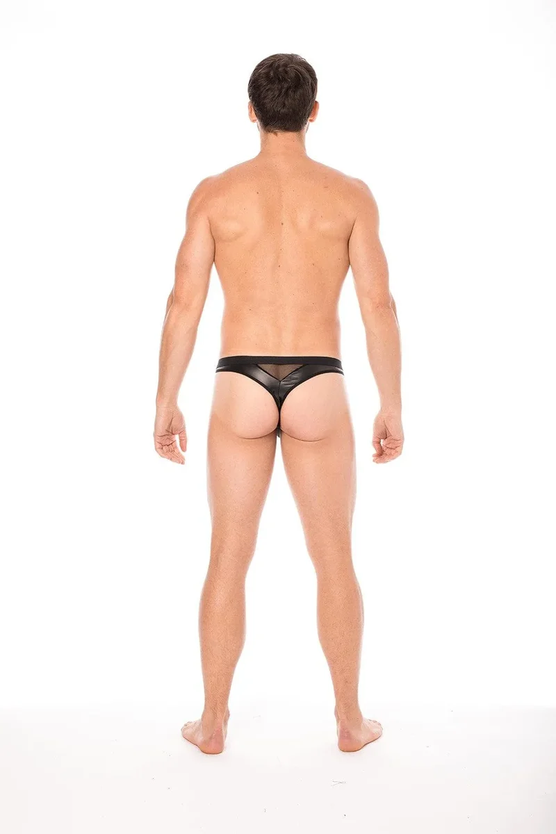 string cuir noir homme résille transparente similicuir brillant souple polyester elasthanne taille ajustable confortable élégant audacieux