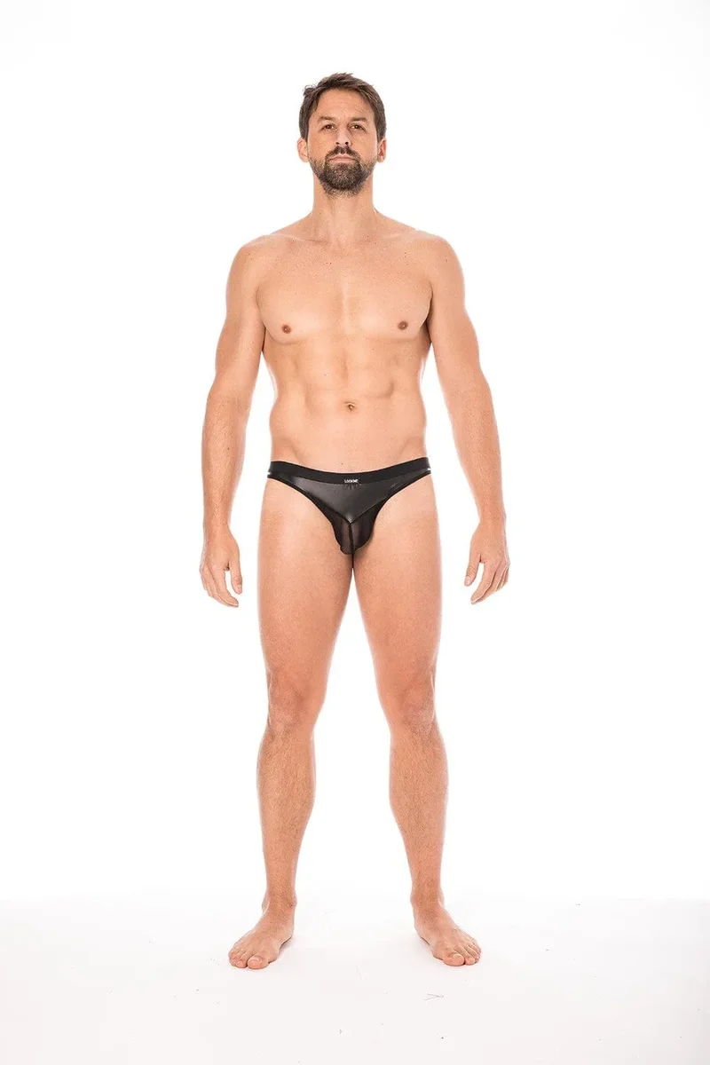 string cuir noir homme résille transparente similicuir brillant souple polyester elasthanne taille ajustable confortable élégant audacieux