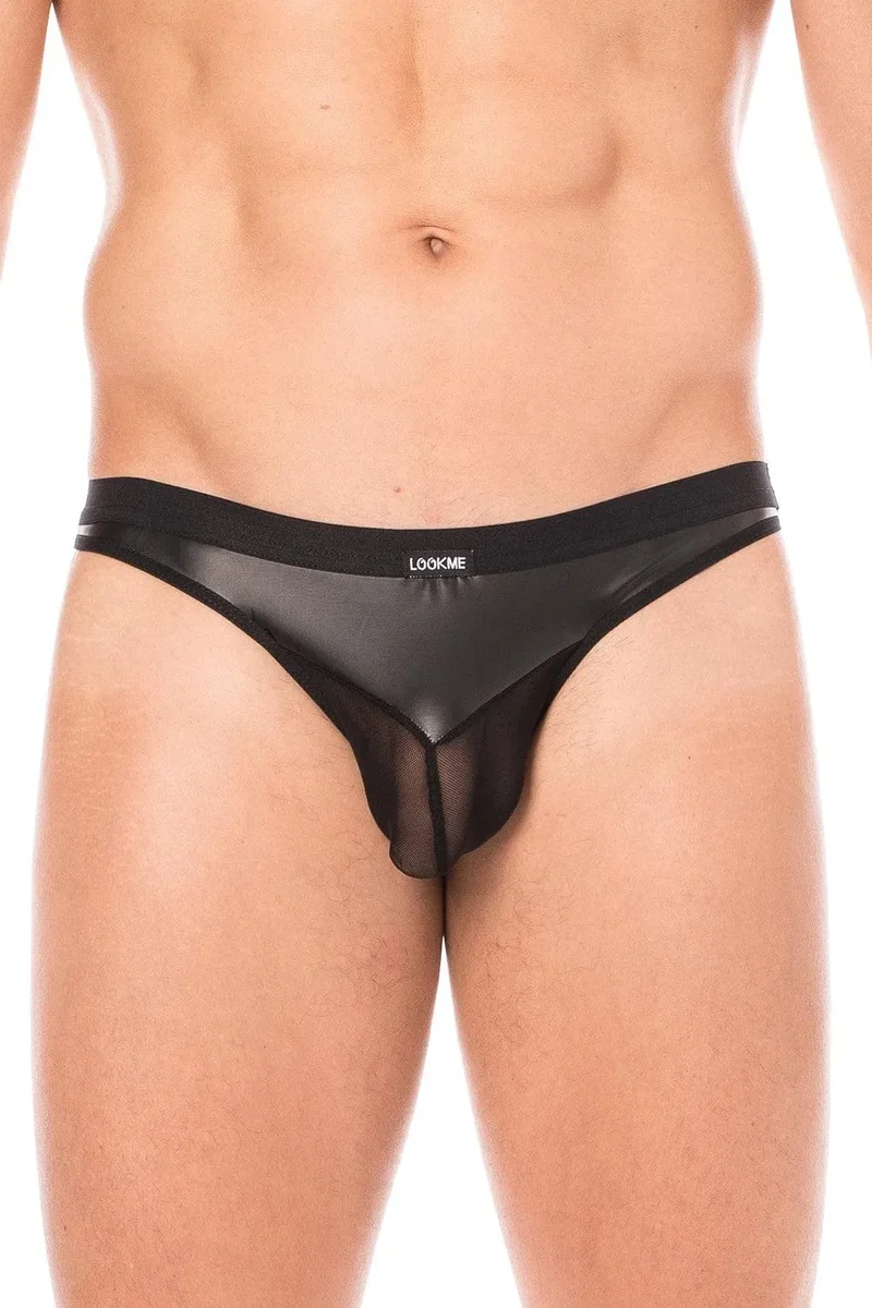 string cuir noir homme résille transparente similicuir brillant souple polyester elasthanne taille ajustable confortable élégant audacieux