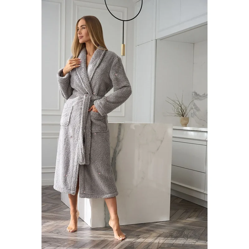 peignoir élégant maille douce étoilée col châle manches longues mi mollet poches avant ceinture assortie hypoallergénique épaisse gris intemporel cocooning