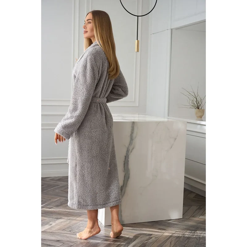 peignoir élégant maille douce étoilée col châle manches longues mi mollet poches avant ceinture assortie hypoallergénique épaisse gris intemporel cocooning