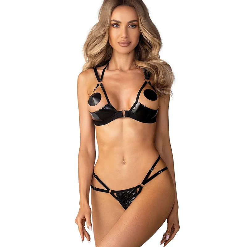 Ensemble lingerie moderne wet look latex sexy bandes réglables Keira Lise