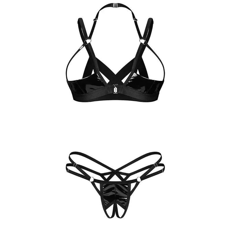 Ensemble lingerie moderne wet look latex sexy bandes réglables Keira Lise