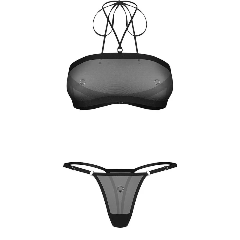 ensemble lingerie minimaliste noir transparent anneaux argentés élégant sensuel confidentiel