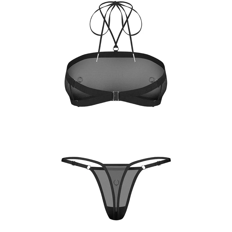ensemble lingerie minimaliste noir transparent anneaux argentés élégant sensuel confidentiel