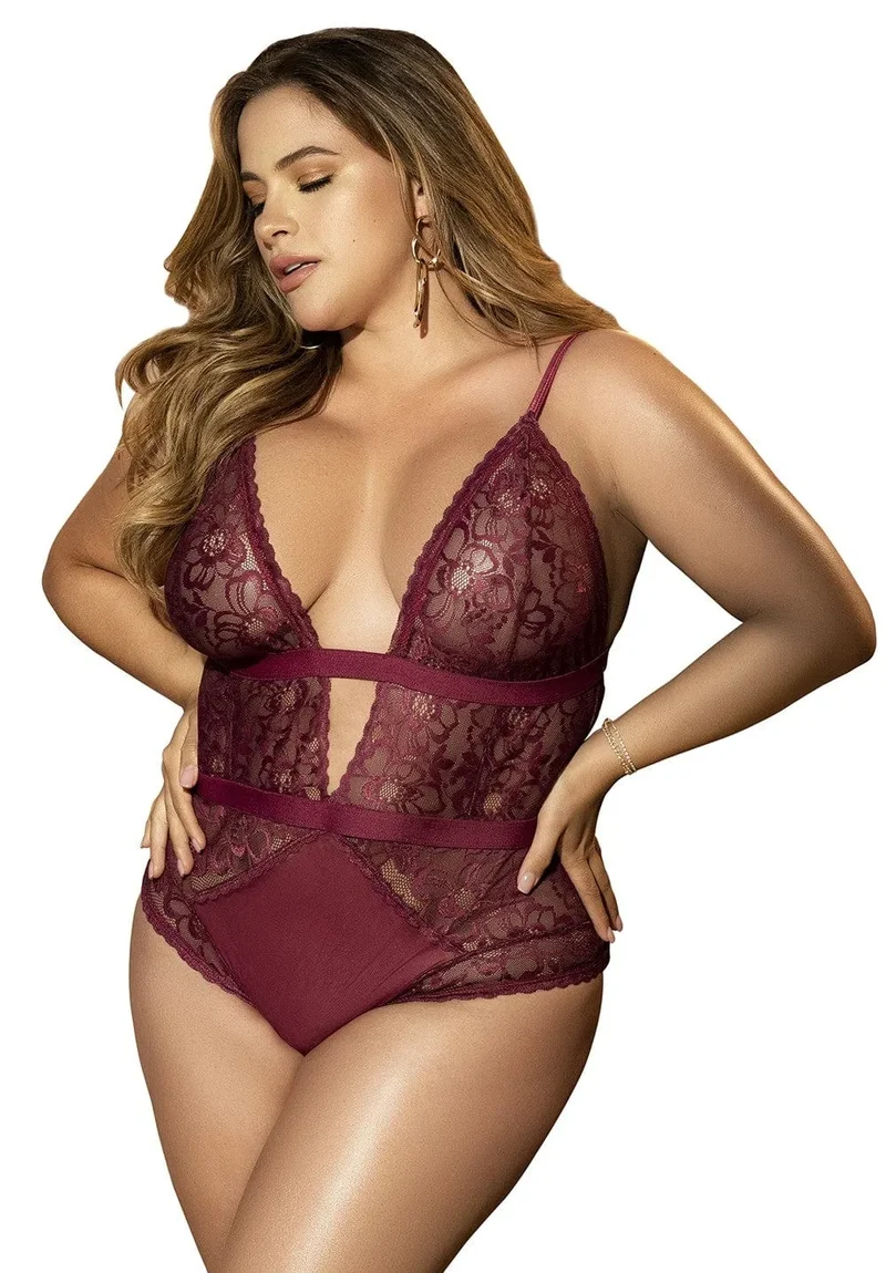 Body Grande Taille Glamour Dentelle Transparente Motif Floral Délicat Bretelles Réglables Fermeture Crochet Entrejambe Confort Séduction