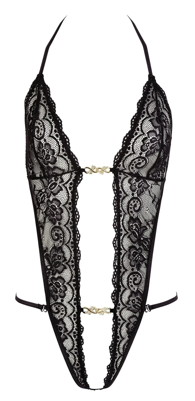 Body dentelle florale noire col V profond entrejambe attache nouage bijoux strass décolleté nombril string polyamide élasthanne sexy Cottelli