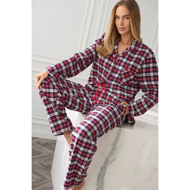 Pyjama en soie doux élégant pour femme collection L&L 21931 carreaux plaid longue manche poche poitrine pantalon comfort