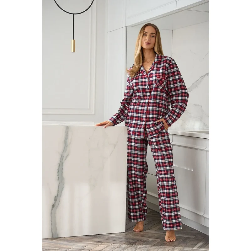 Pyjama en soie doux élégant pour femme collection L&L 21931 carreaux plaid longue manche poche poitrine pantalon comfort