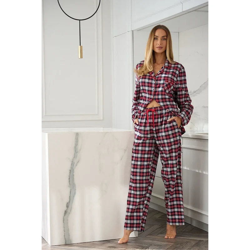 Pyjama en soie doux élégant pour femme collection L&L 21931 carreaux plaid longue manche poche poitrine pantalon comfort