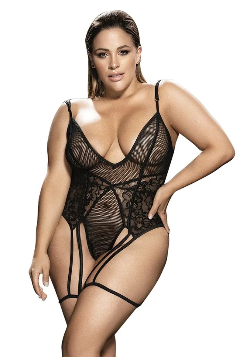 Body grande taille noir portejarretelles sexy fine maille transparente dentelle résille décolleté plongeant ajustable bretelles extensible glamour voluptueux