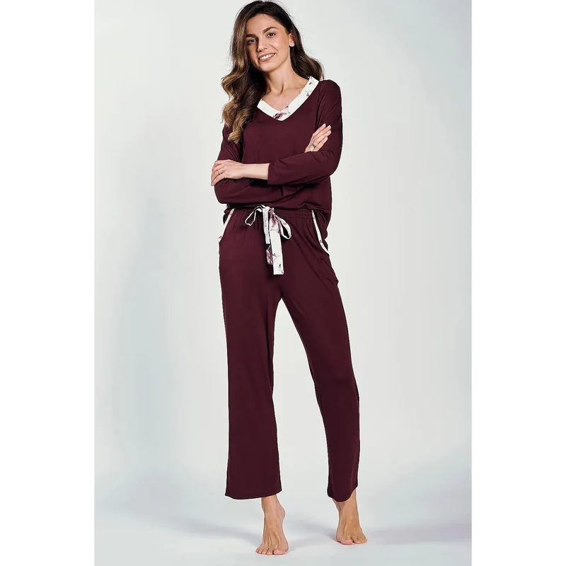 pyjama élégant confortable viscose élasthanne doux manches longues col V passepoil contrastant pantalon droit taille élastique cordon ajustable bordeaux