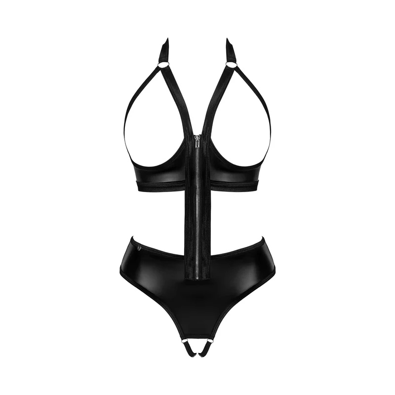 Teddy ouvert noir Norides bretelles réglables dentelle séduisante entrejambe ouverte seins exposés fermeture éclair argentée tissu brillant provocant