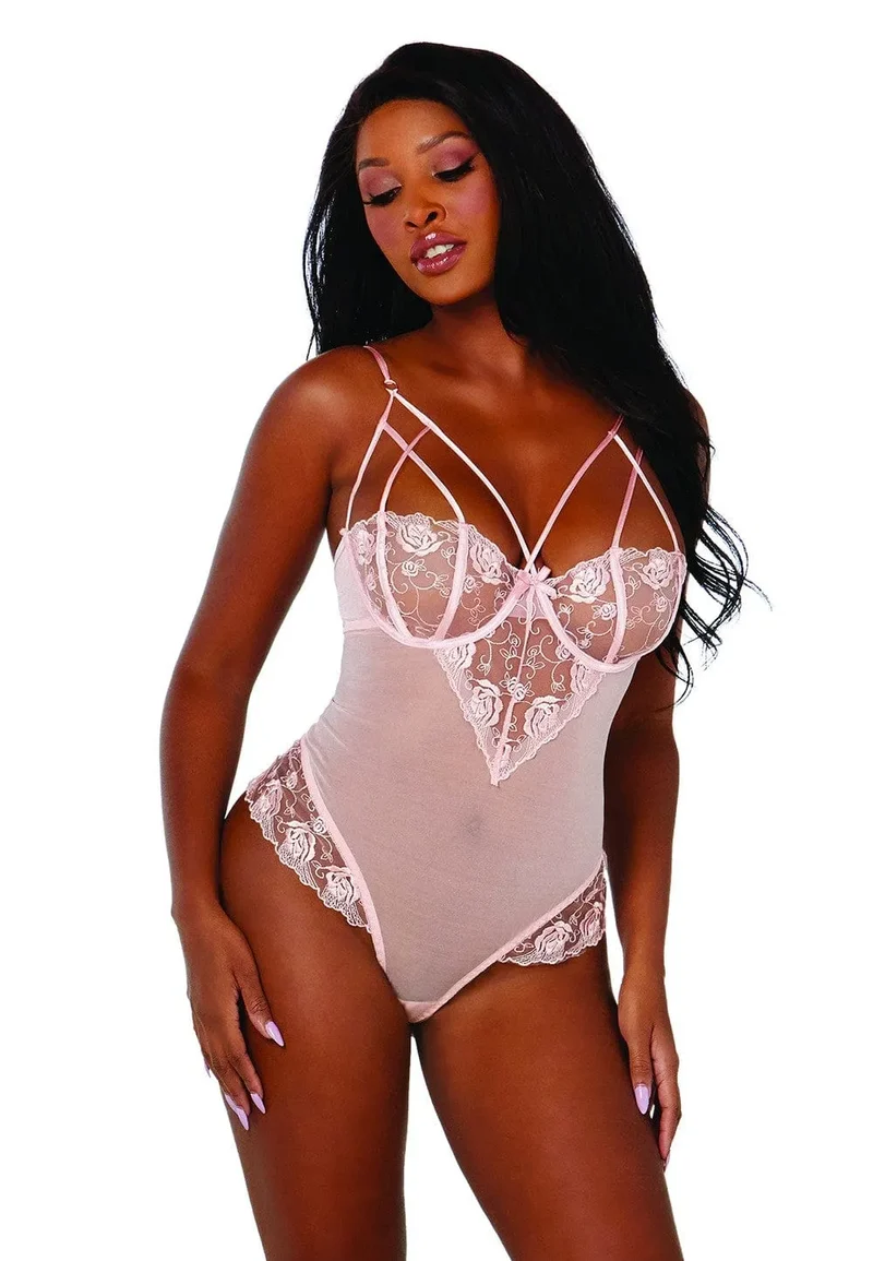 Body femme rose pâle résille fine dentelle florale bonnets armatures lanières attache entrejambe bretelles réglables toucher soyeux sensualité
